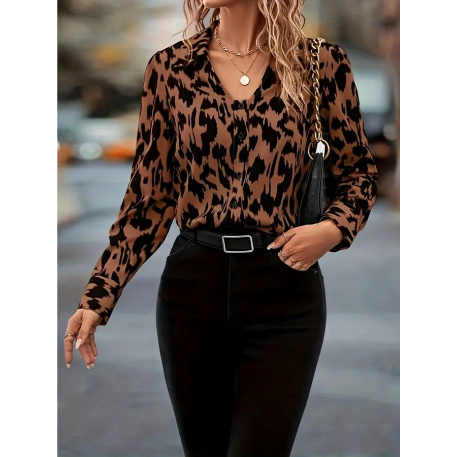 Printed Johnny Collar Long Sleeve Blouse Apparel and Accessories