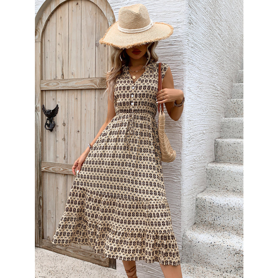 Printed Johnny Collar Midi Dress Apparel and Accessories