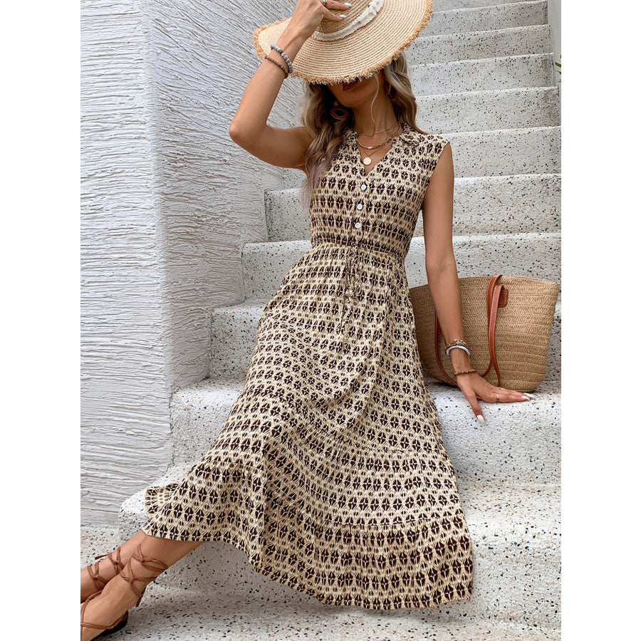 Printed Johnny Collar Midi Dress Apparel and Accessories