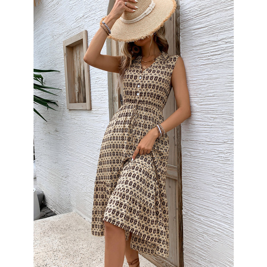 Printed Johnny Collar Midi Dress Apparel and Accessories