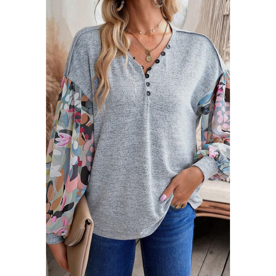 Printed Lantern Sleeve Buttoned V Neck Top Apparel and Accessories