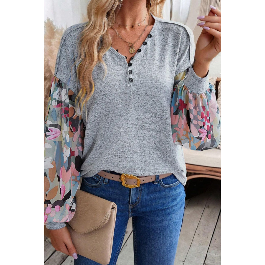 Printed Lantern Sleeve Buttoned V Neck Top Apparel and Accessories