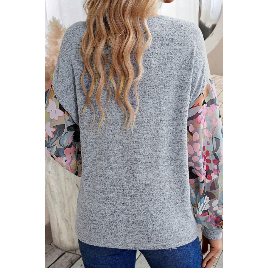 Printed Lantern Sleeve Buttoned V Neck Top Apparel and Accessories