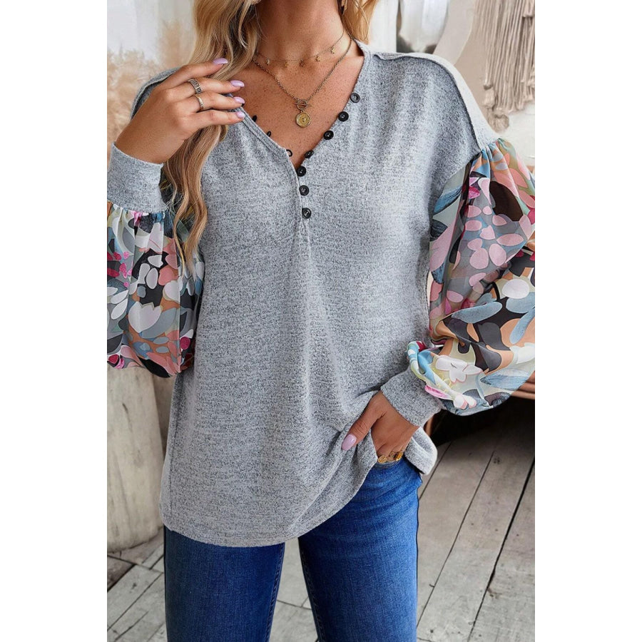Printed Lantern Sleeve Buttoned V Neck Top Light Gray / S Apparel and Accessories