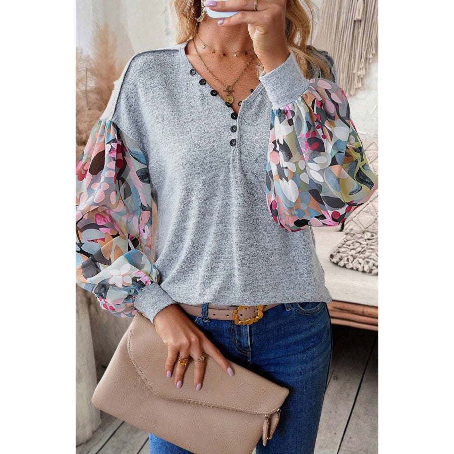 Printed Lantern Sleeve Buttoned V Neck Top Light Gray / S Apparel and Accessories