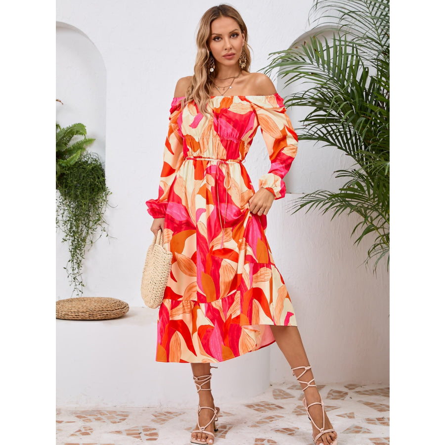 Printed Long Sleeve Midi Dress Apparel and Accessories