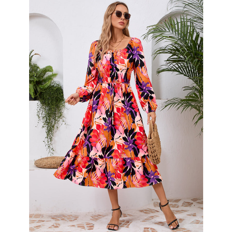 Printed Long Sleeve Midi Dress Apparel and Accessories