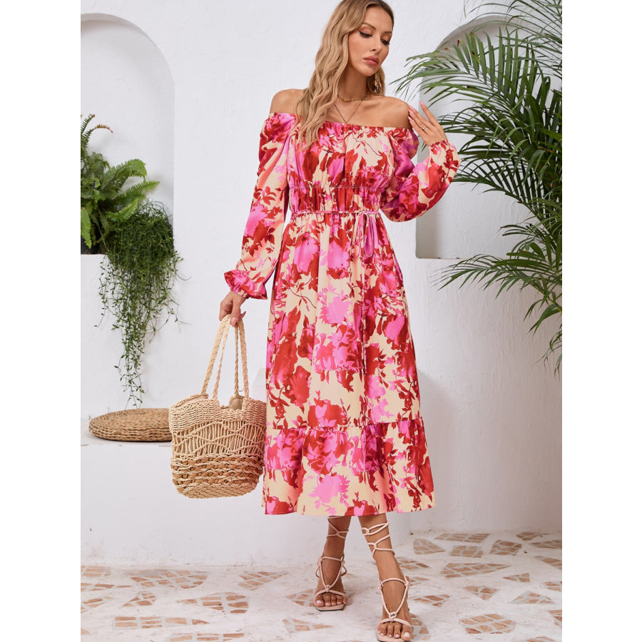 Printed Long Sleeve Midi Dress Apparel and Accessories