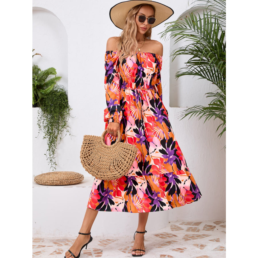 Printed Long Sleeve Midi Dress Apparel and Accessories