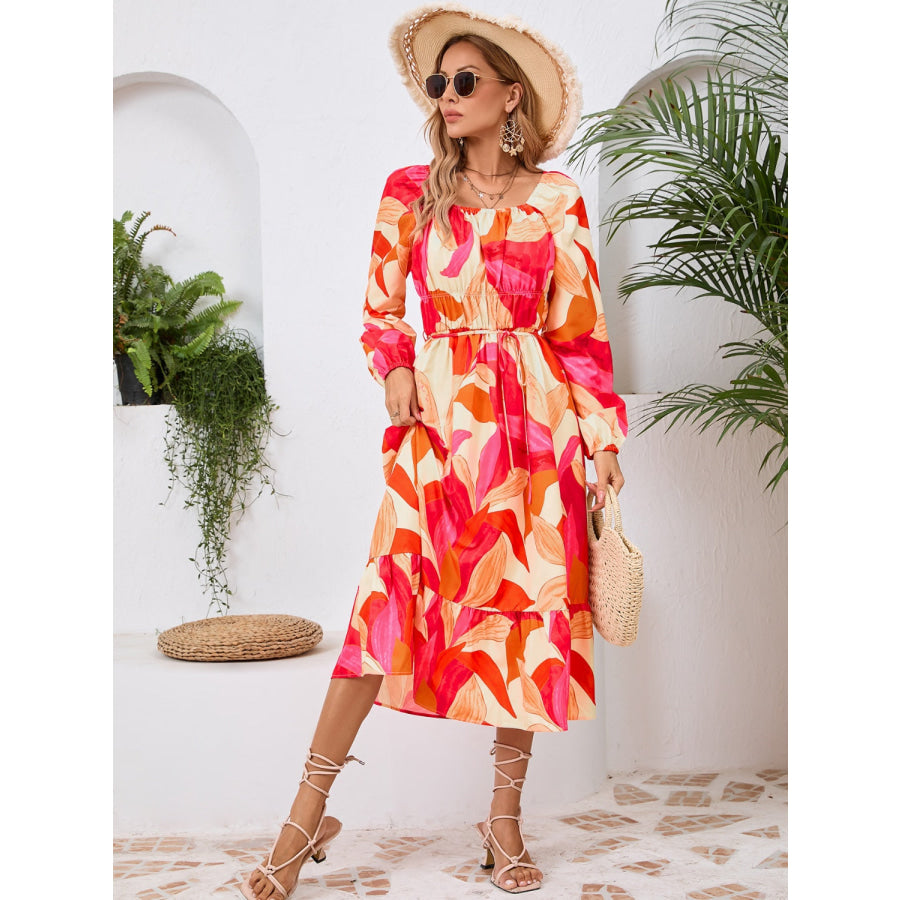 Printed Long Sleeve Midi Dress Apparel and Accessories