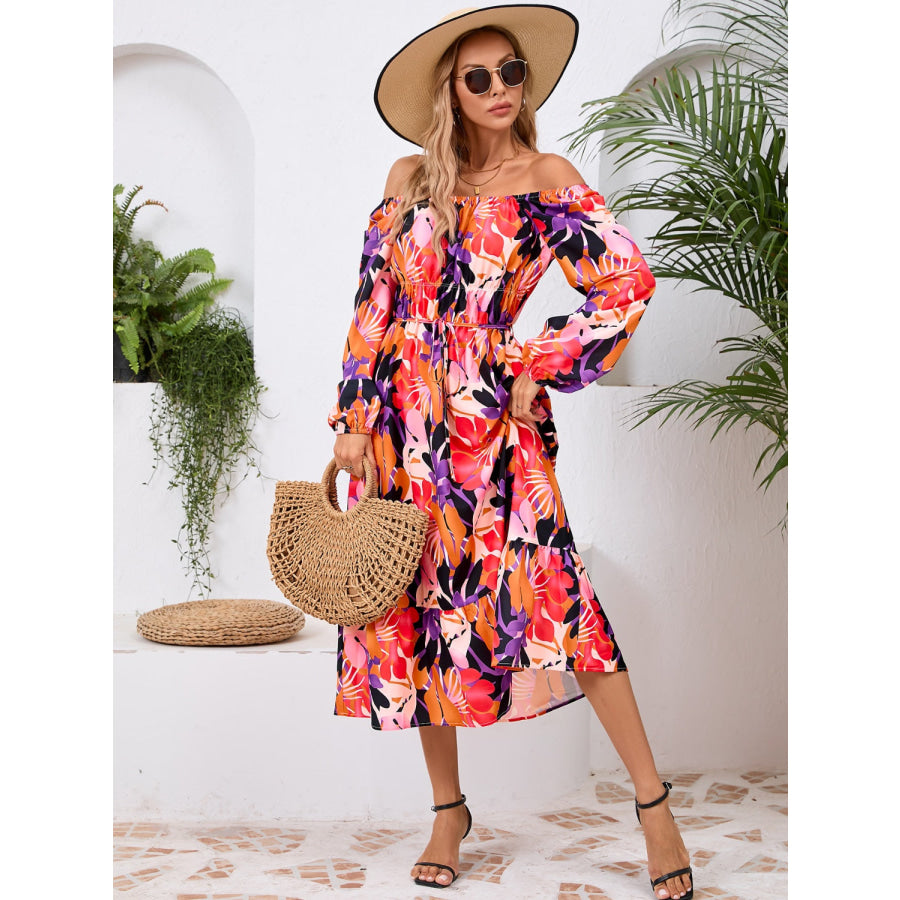 Printed Long Sleeve Midi Dress Apparel and Accessories