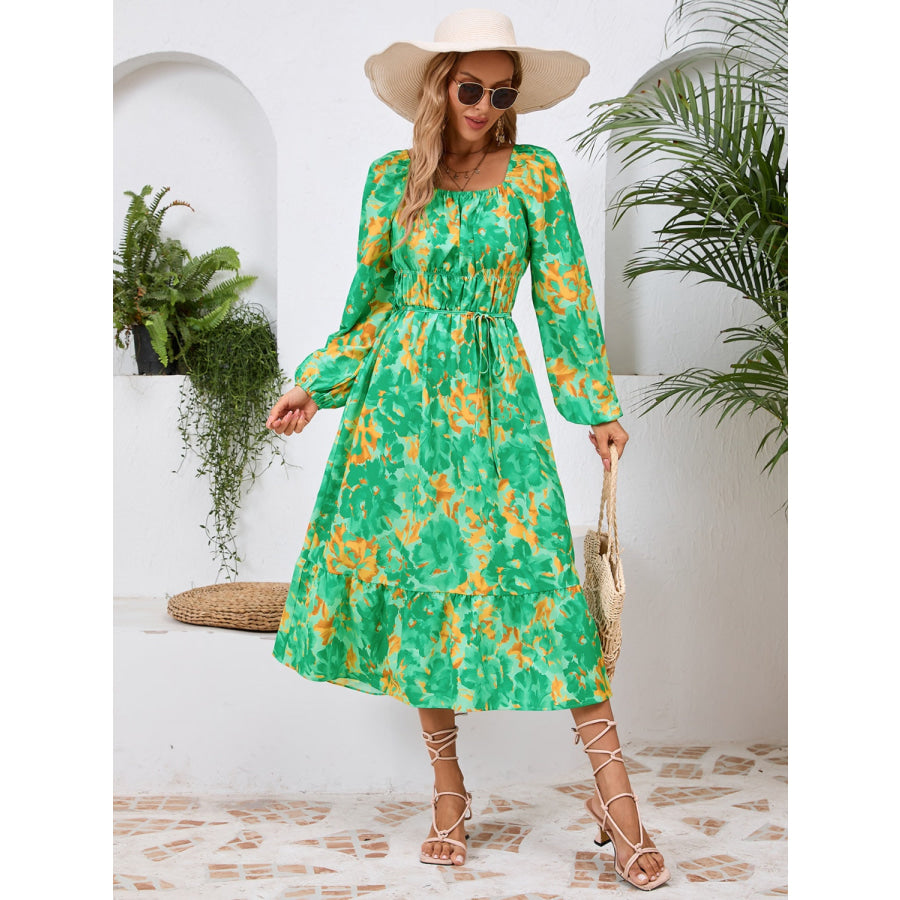 Printed Long Sleeve Midi Dress Apparel and Accessories