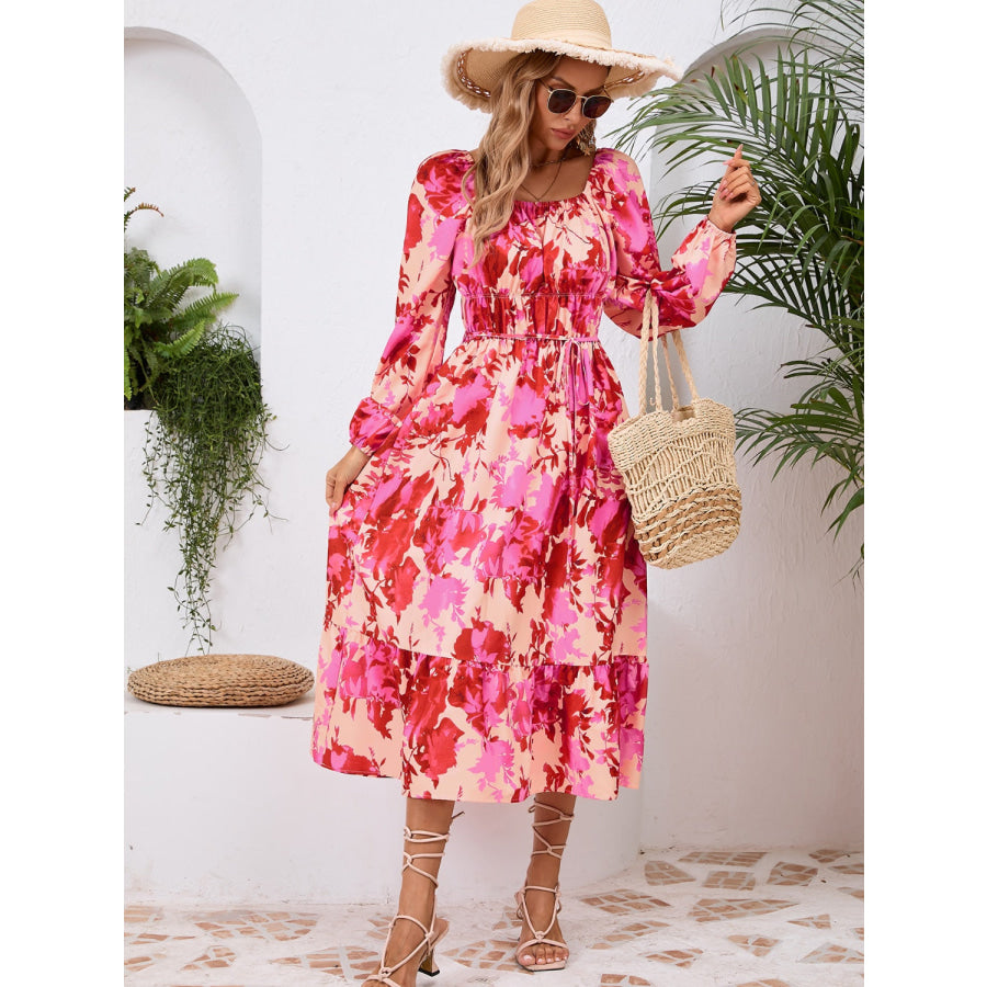 Printed Long Sleeve Midi Dress Apparel and Accessories