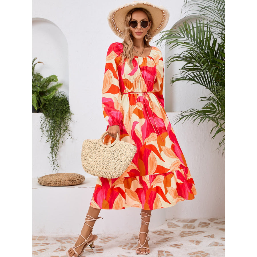 Printed Long Sleeve Midi Dress Apparel and Accessories