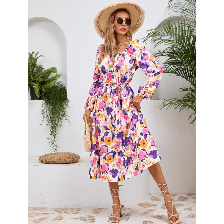 Printed Long Sleeve Midi Dress Apparel and Accessories