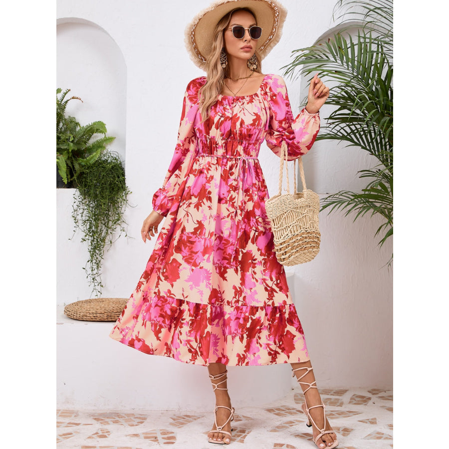 Printed Long Sleeve Midi Dress Deep Rose / S Apparel and Accessories