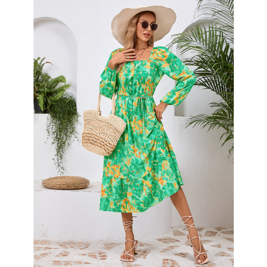 Printed Long Sleeve Midi Dress Green / S Apparel and Accessories