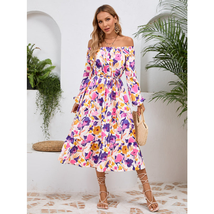 Printed Long Sleeve Midi Dress Lavender / S Apparel and Accessories