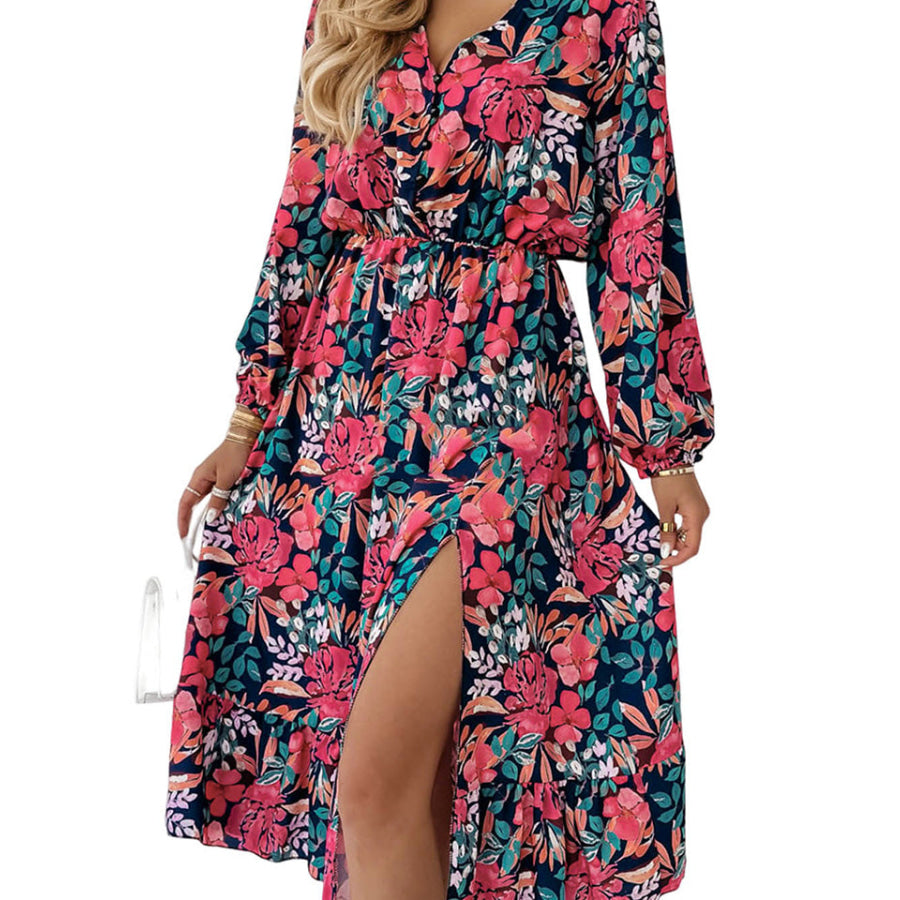 Printed Long Sleeve Slit Dress Multicolor / S