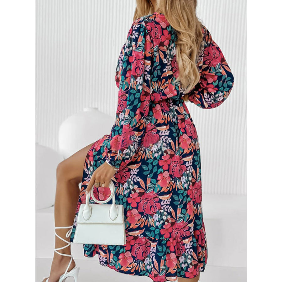 Printed Long Sleeve Slit Dress