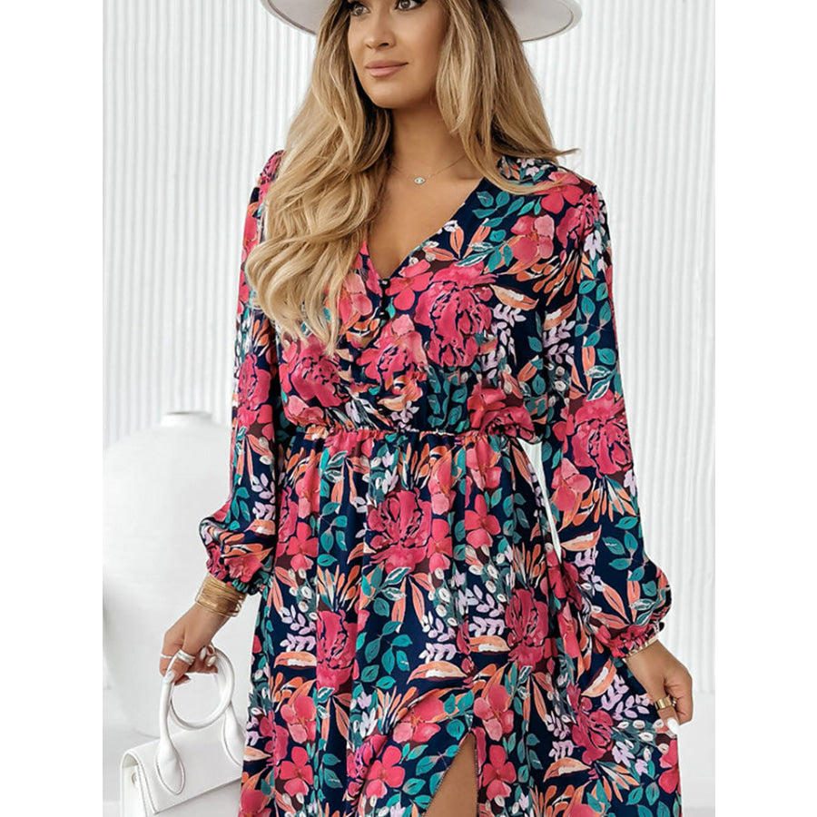 Printed Long Sleeve Slit Dress