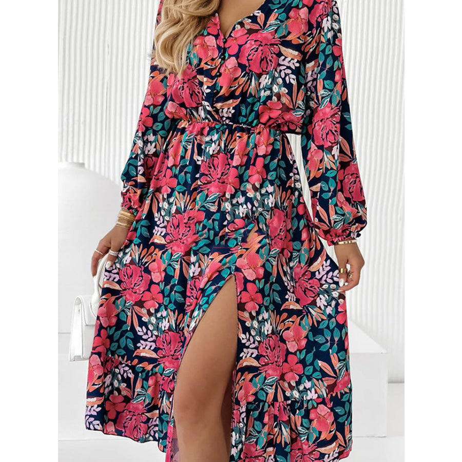Printed Long Sleeve Slit Dress