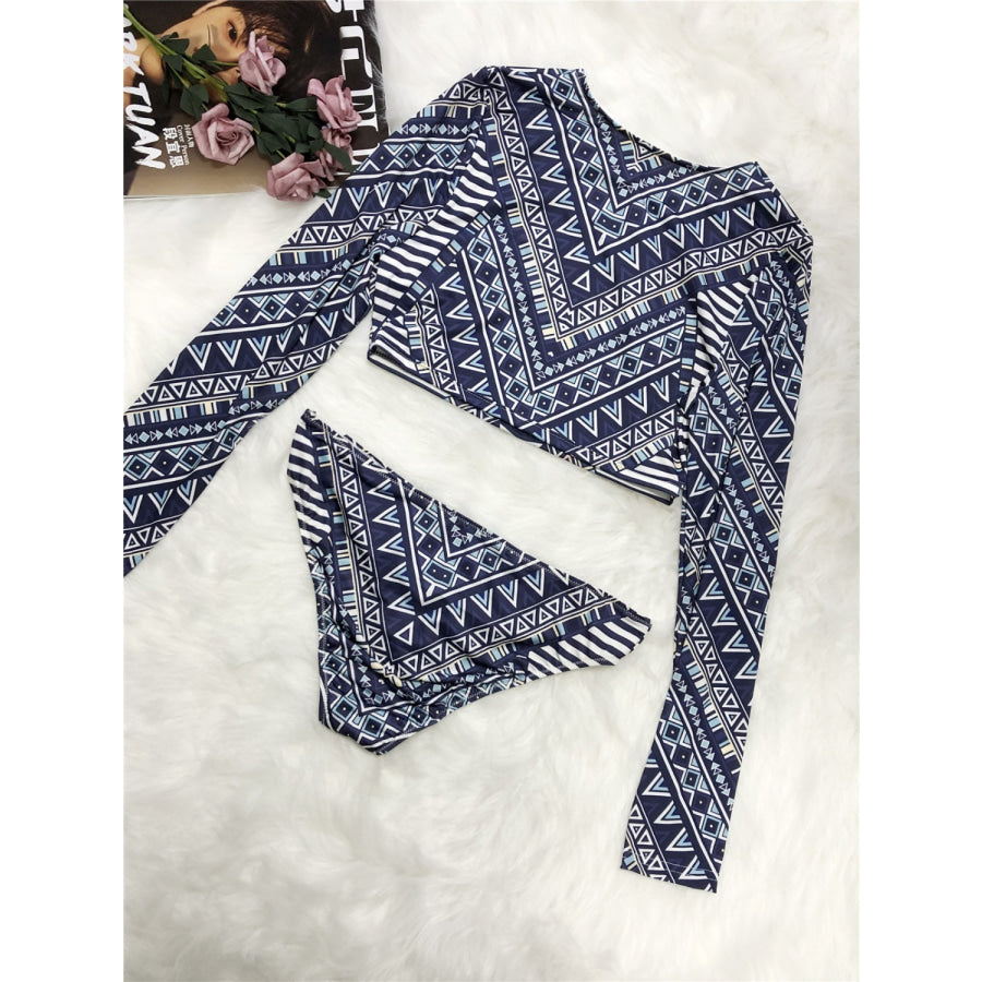 Printed Long Sleeve Top and Brief Swim Set Apparel Accessories