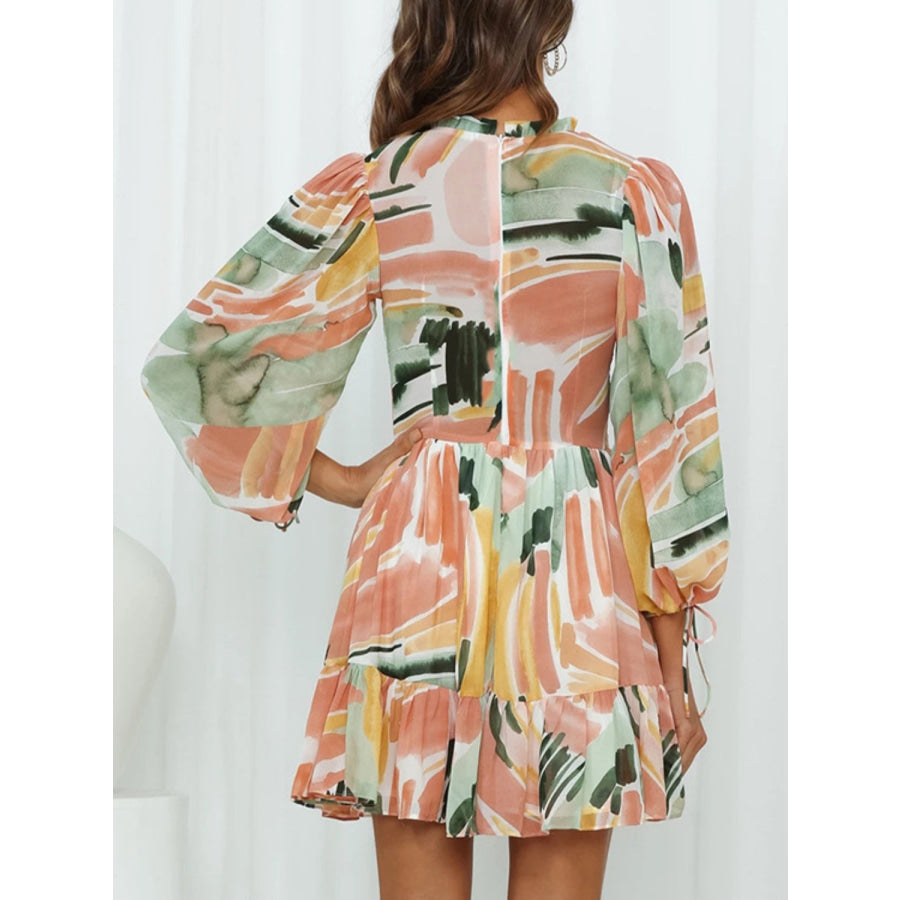 Printed Mock Neck Balloon Sleeve Mini Dress Apparel and Accessories