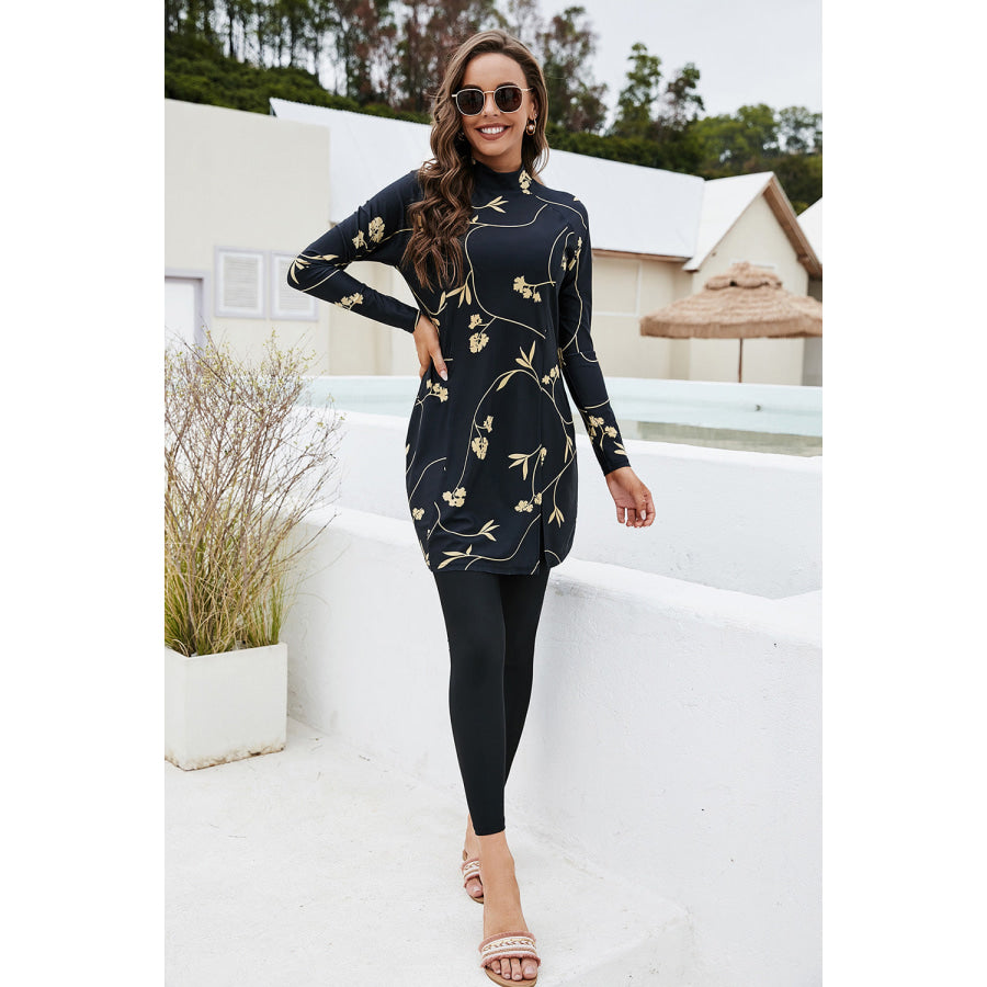 Printed Mock Neck Long Sleeve Top and Pants Swim Set Black / S Apparel and Accessories