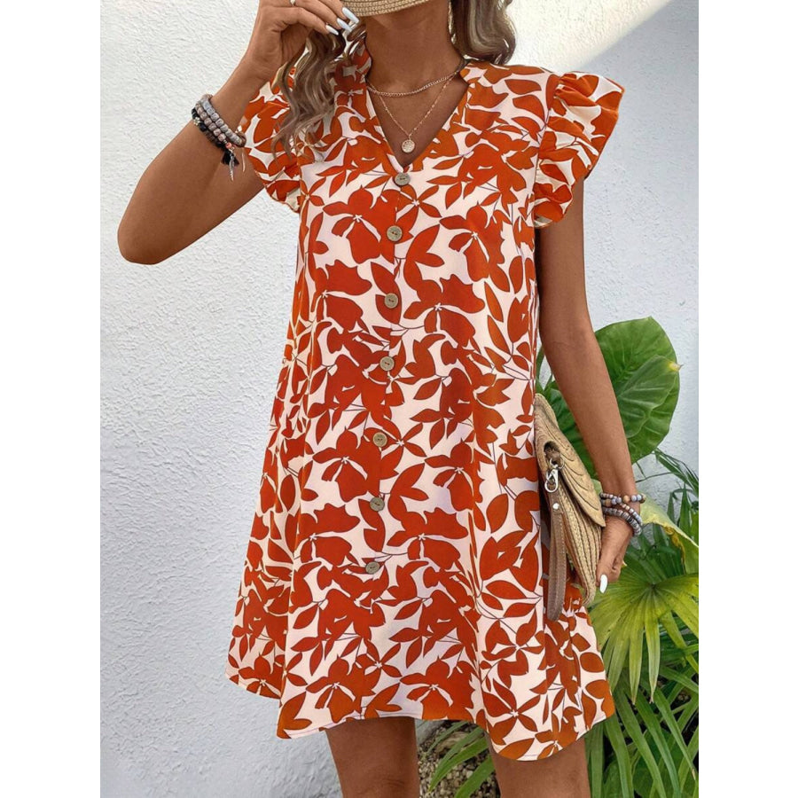 Printed Notched Cap Sleeve Mini Dress Orange-Red / S Apparel and Accessories