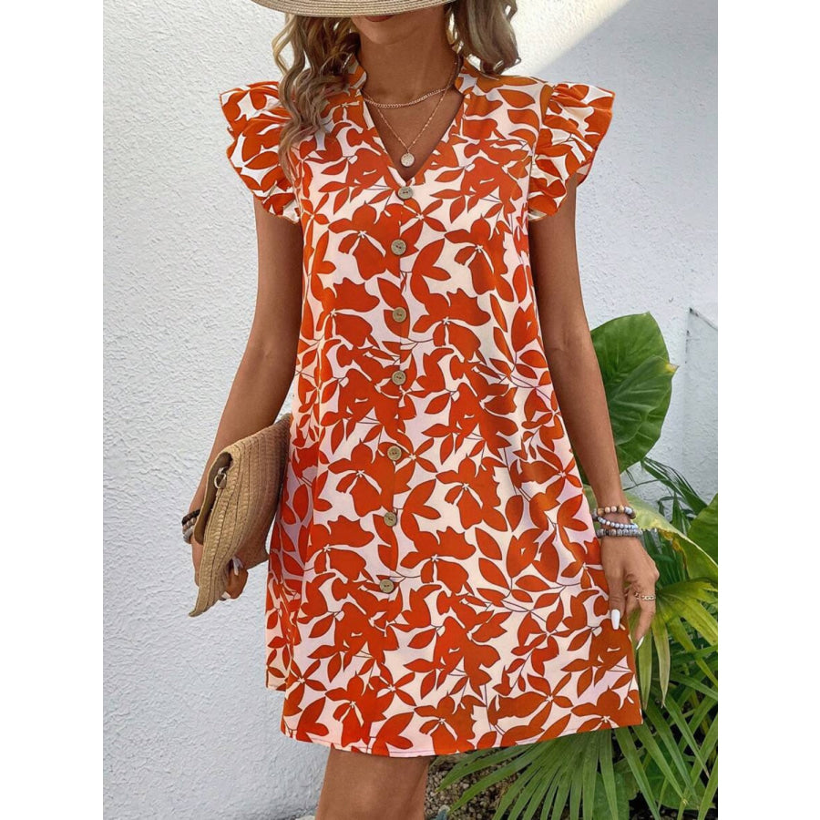 Printed Notched Cap Sleeve Mini Dress Orange-Red / S Apparel and Accessories