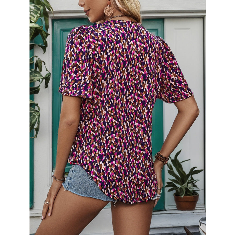 Printed Notched Flutter Sleeve Blouse Red-Violet / S Apparel and Accessories