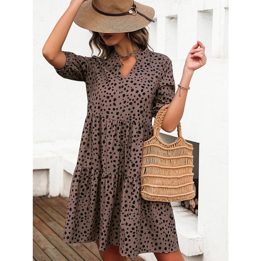 Printed Notched Half Sleeve Dress Taupe / S Apparel and Accessories