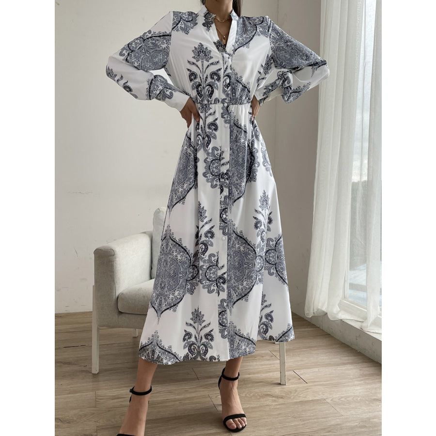 Printed Notched Lantern Sleeve Midi Dress Apparel and Accessories