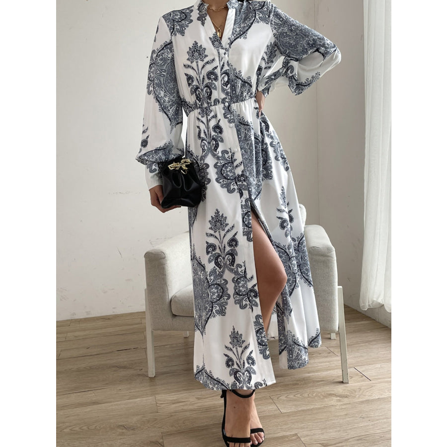 Printed Notched Lantern Sleeve Midi Dress Apparel and Accessories