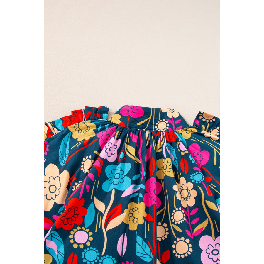 Printed Notched Lantern Sleeve Mini Dress Apparel and Accessories