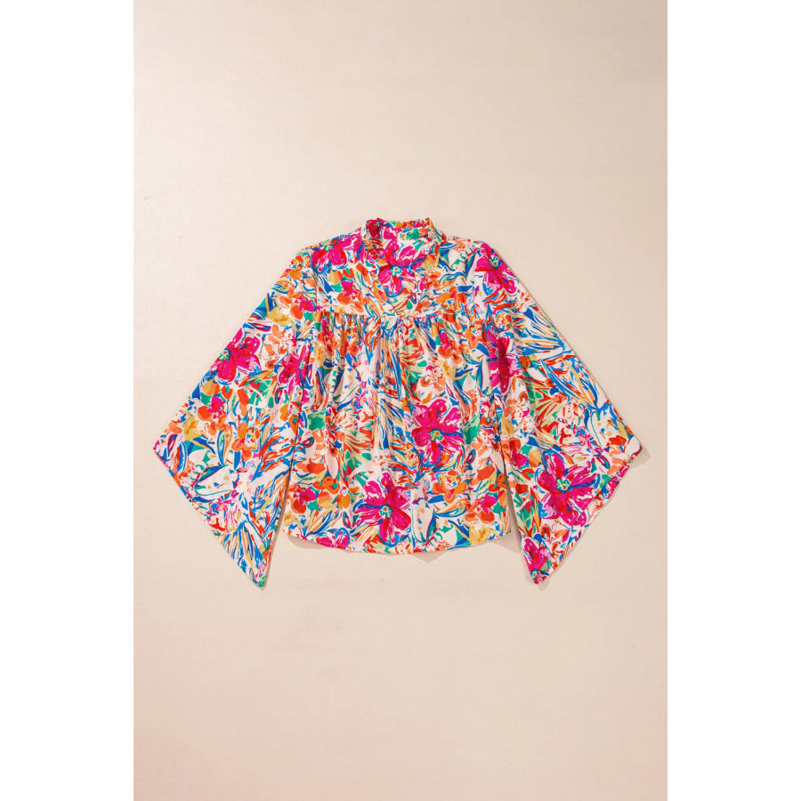 Printed Notched Long Sleeve Blouse Apparel and Accessories