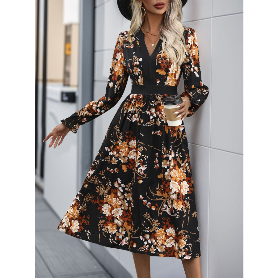 Printed Notched Long Sleeve Midi Dress Apparel and Accessories