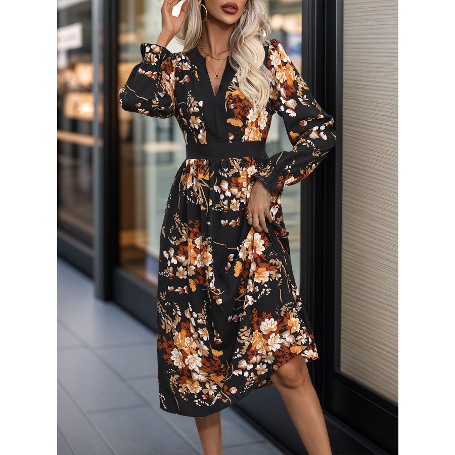 Printed Notched Long Sleeve Midi Dress Apparel and Accessories