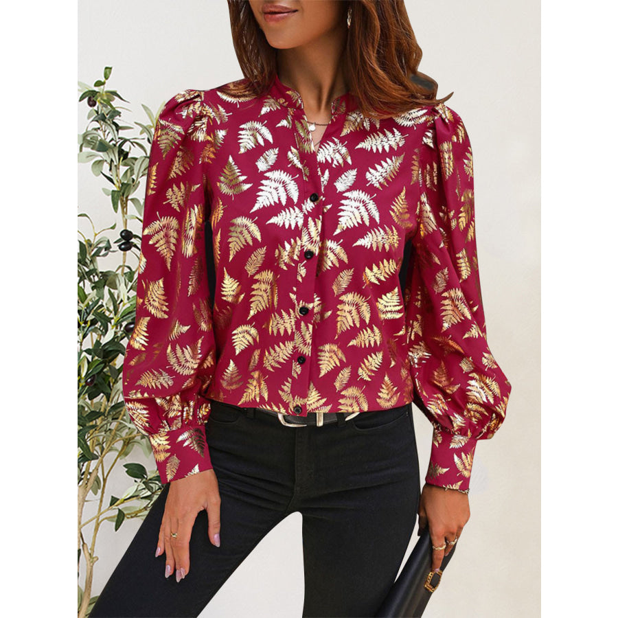 Printed Notched Long Sleeve Shirt Apparel and Accessories