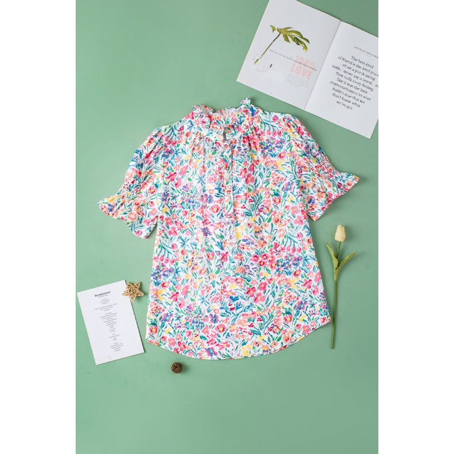 Printed Notched Short Sleeve Blouse Apparel and Accessories