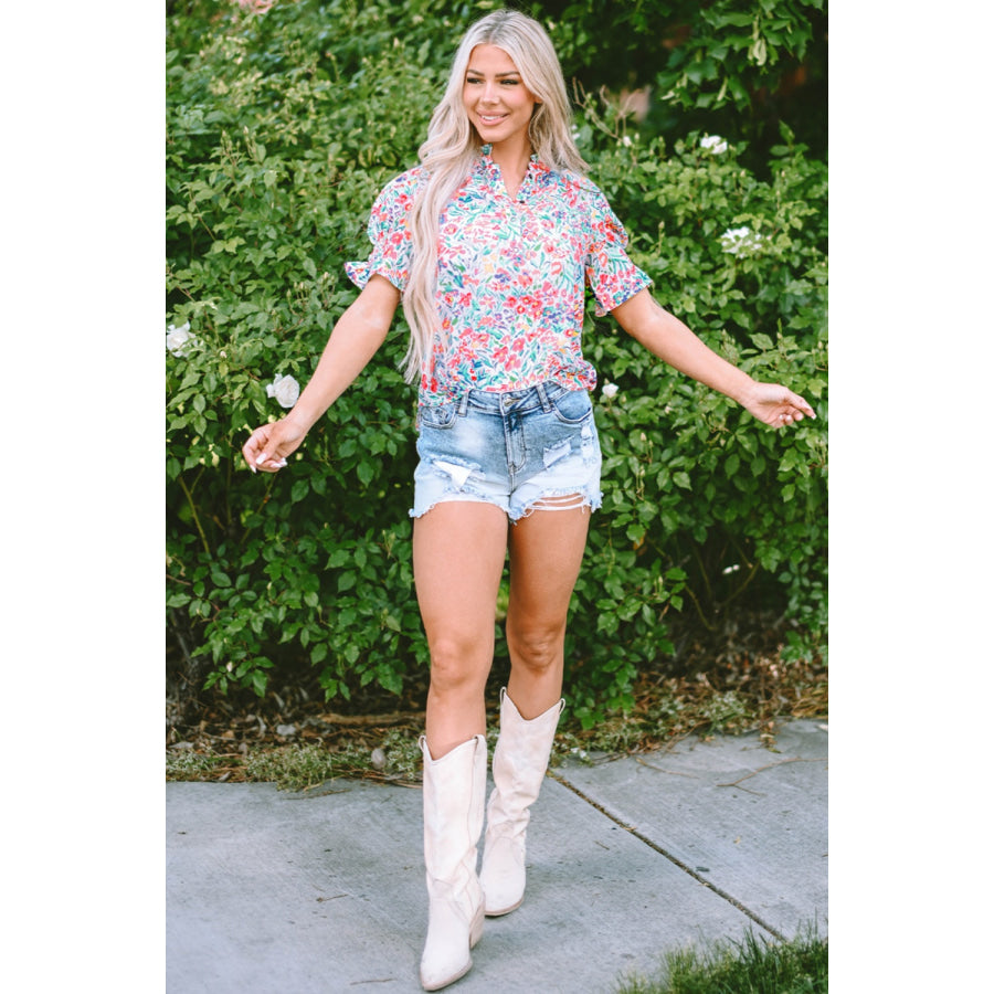 Printed Notched Short Sleeve Blouse Apparel and Accessories