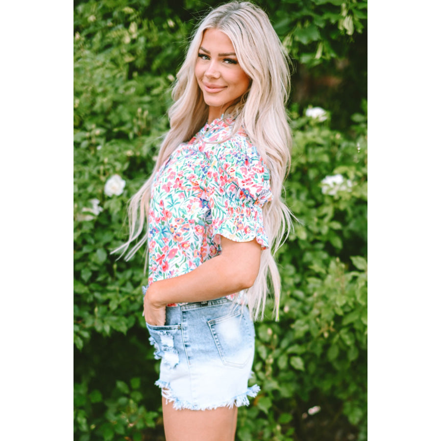 Printed Notched Short Sleeve Blouse Apparel and Accessories