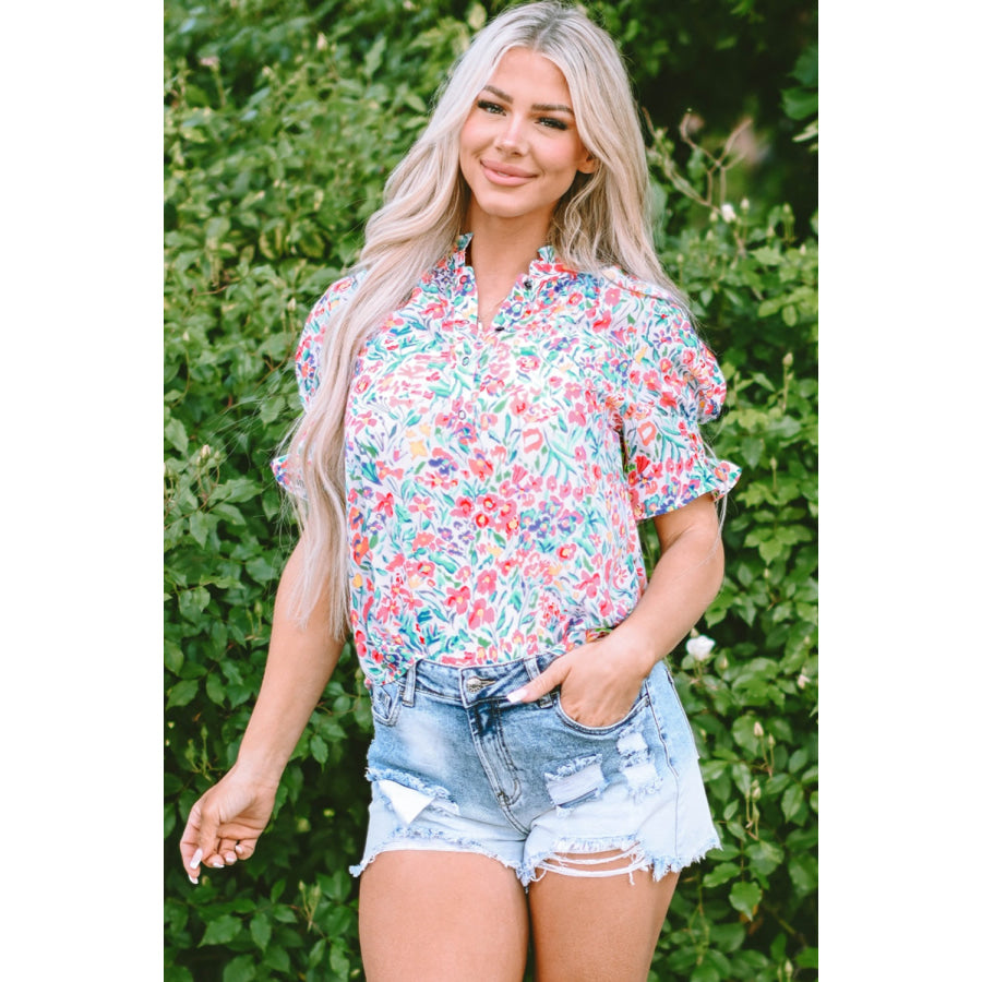 Printed Notched Short Sleeve Blouse Apparel and Accessories