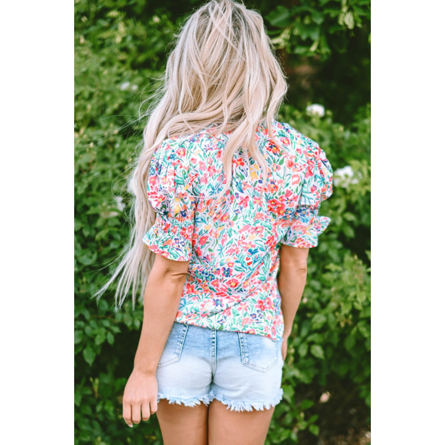 Printed Notched Short Sleeve Blouse Apparel and Accessories