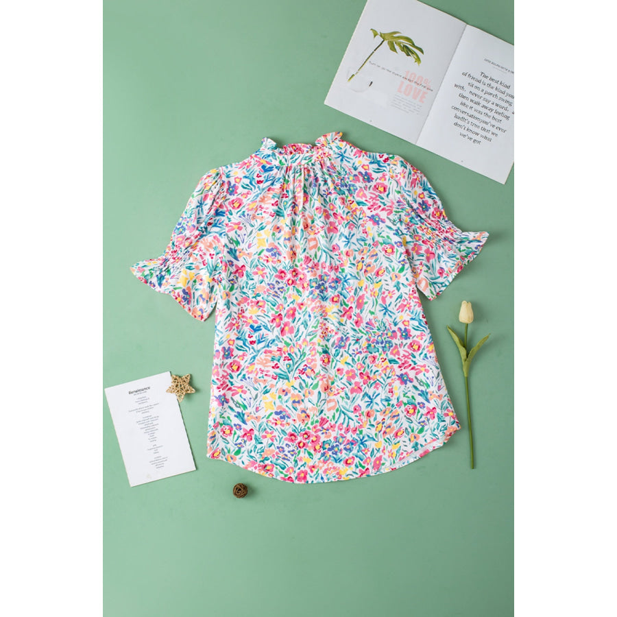 Printed Notched Short Sleeve Blouse Apparel and Accessories