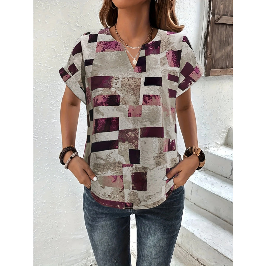 Printed Notched Short Sleeve Blouse Plum / S Apparel and Accessories