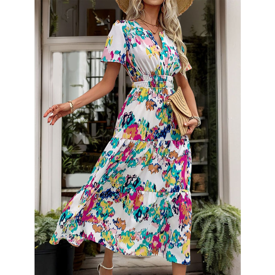 Printed Notched Short Sleeve Midi Dress Apparel and Accessories