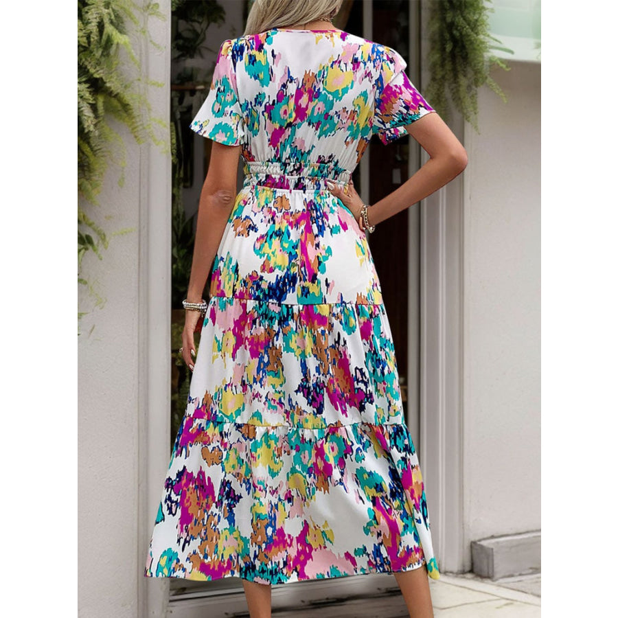 Printed Notched Short Sleeve Midi Dress Apparel and Accessories