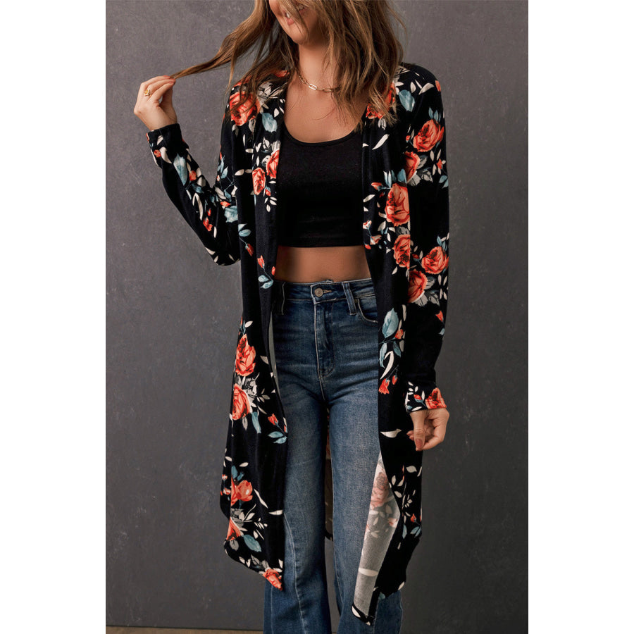 Printed Open Front Longline Cardigan Black-Floral / S